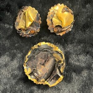 Vintage 80’s Gold & Black Earrings & Brooch Set